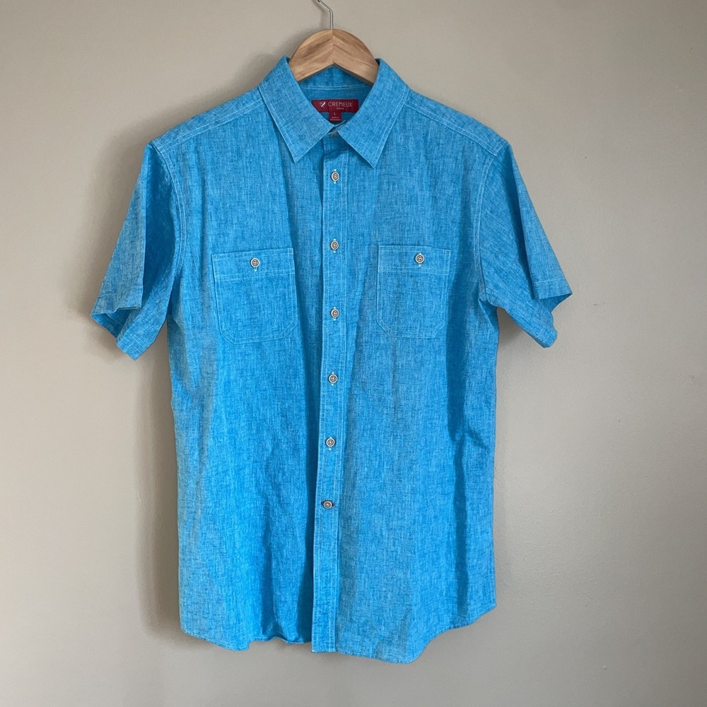 Cremieux Men's Button Down Collar Shirt Short Sleeve Cotton/Linen Large Slim Fit - Picture 2 of 13